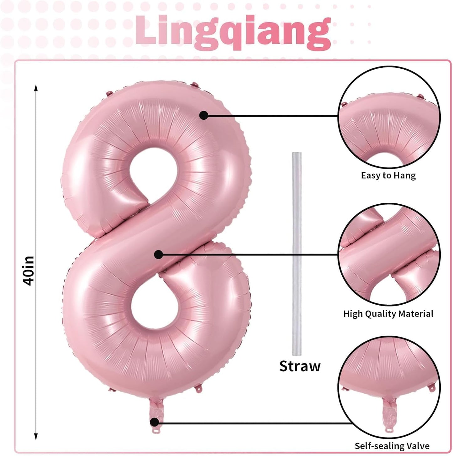 Pastel Pink 8 Balloons, 40" Giant Helium Foil Number 0-9 Light Pink Birthday Balloon for Girls, Self Inflating Digit 8 Balloons for Women Anniversary Graduation Princess Party Decorations Supplies