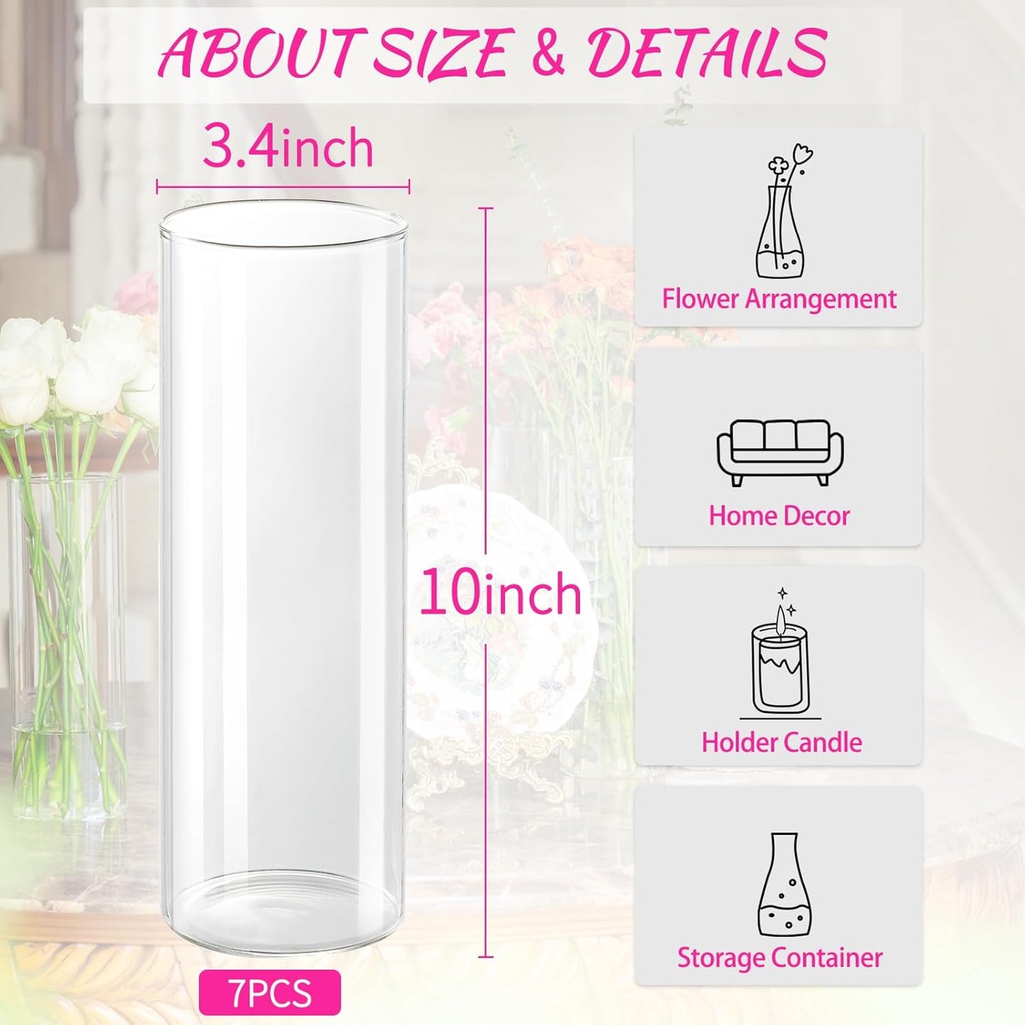 7pcs Glass Cylinder Vases for Centerpieces - 10 Inch Tall Glass Vases for Flower, Clear Flower Vase Bulk Floating Candle Vase for Table Centerpiece Wedding Home Décor
