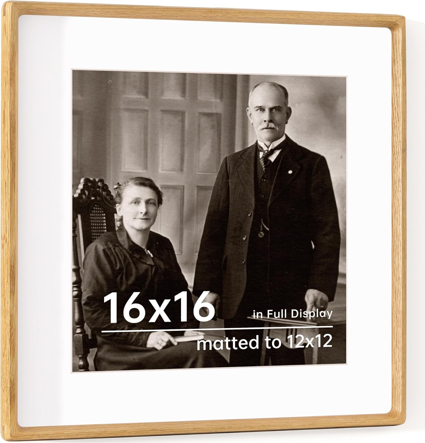 16x16 Picture Frame USA-Sourced Natural White Oak Wood Solid Original Wood Photo Frame Rounded Corner with Mat to 12x12 Picture Display with Real Glass Family, Wedding Picture, Photo, Certificate