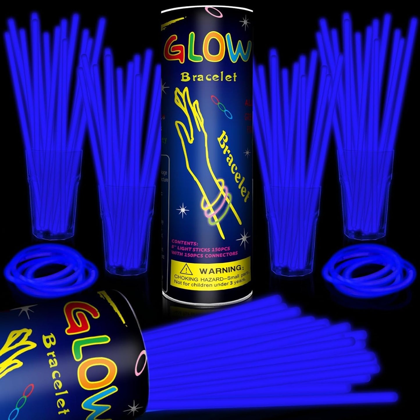 200 Pack 8'' Glow Sticks Bulk Party Favors Blue Light Up Sticks with Connectors Neon Glow in the Dark Party Supplies Bracelets for Holiday Birthday Party Decoration(Blue)