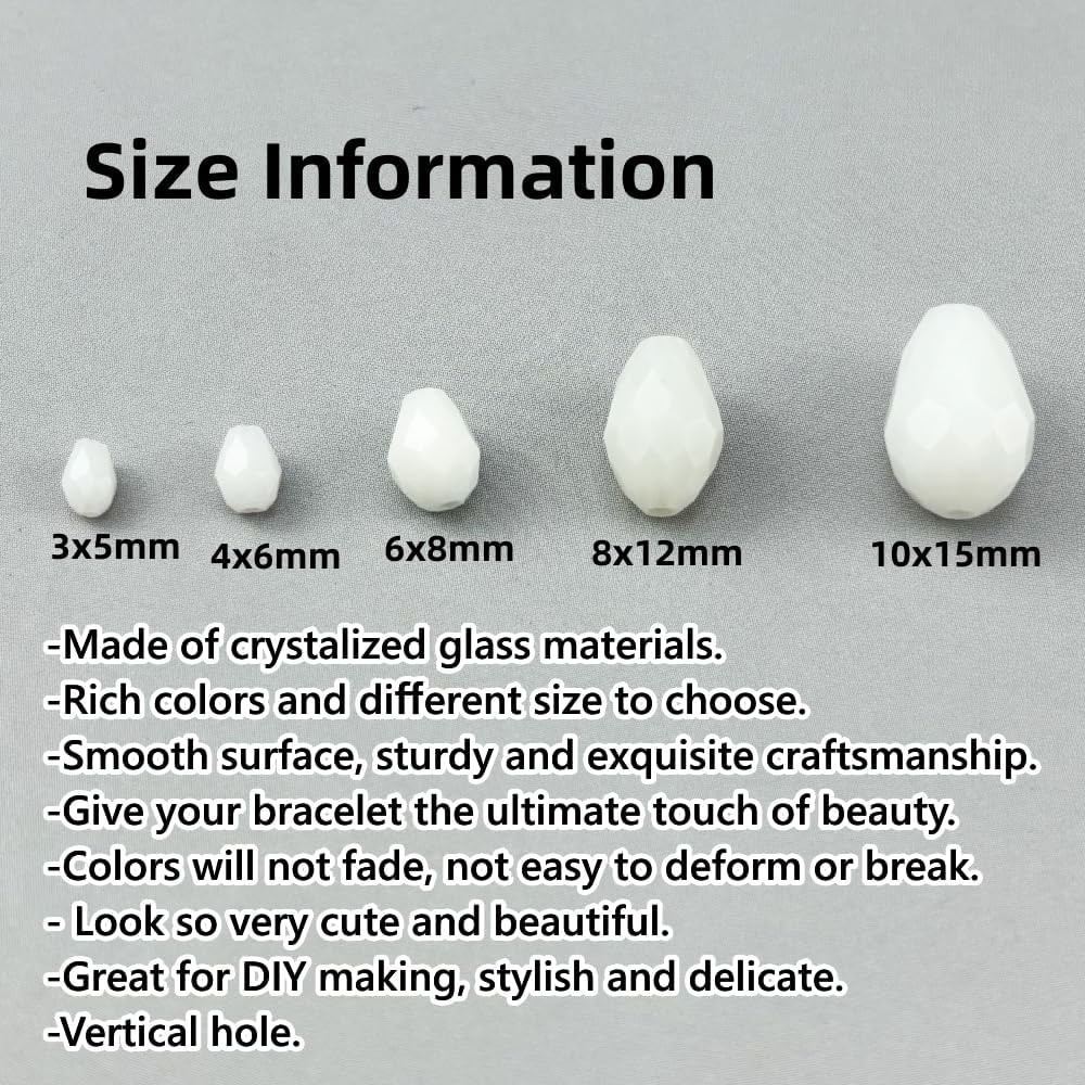 200pcs 3x5mm Teardrop Crystal Glass Beads for Jewelry Making, Faceted Vertical Hole Teardrop Glass Spacer Beads for Wind Chimes Bracelet Earring Necklace DIY Craft(White)