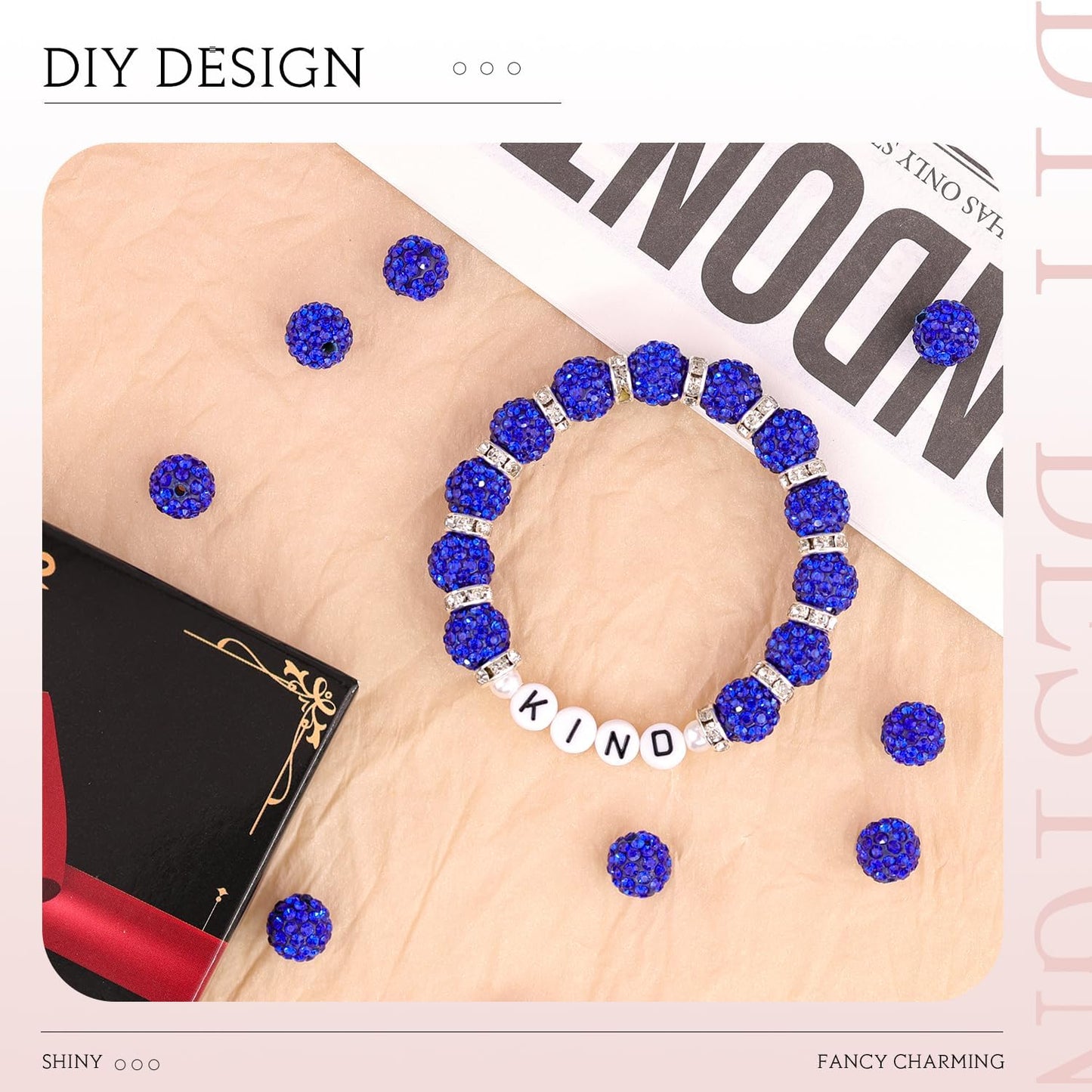 150 pcs 10mm Rhinestone Beads for Jewelry Making, Dark Blue Shiny Round Shamballa Disco Beads Bulk, Sparkle Crystal Clay Christmas for Bracelet Baseball Necklace Earring Crafting and DIY