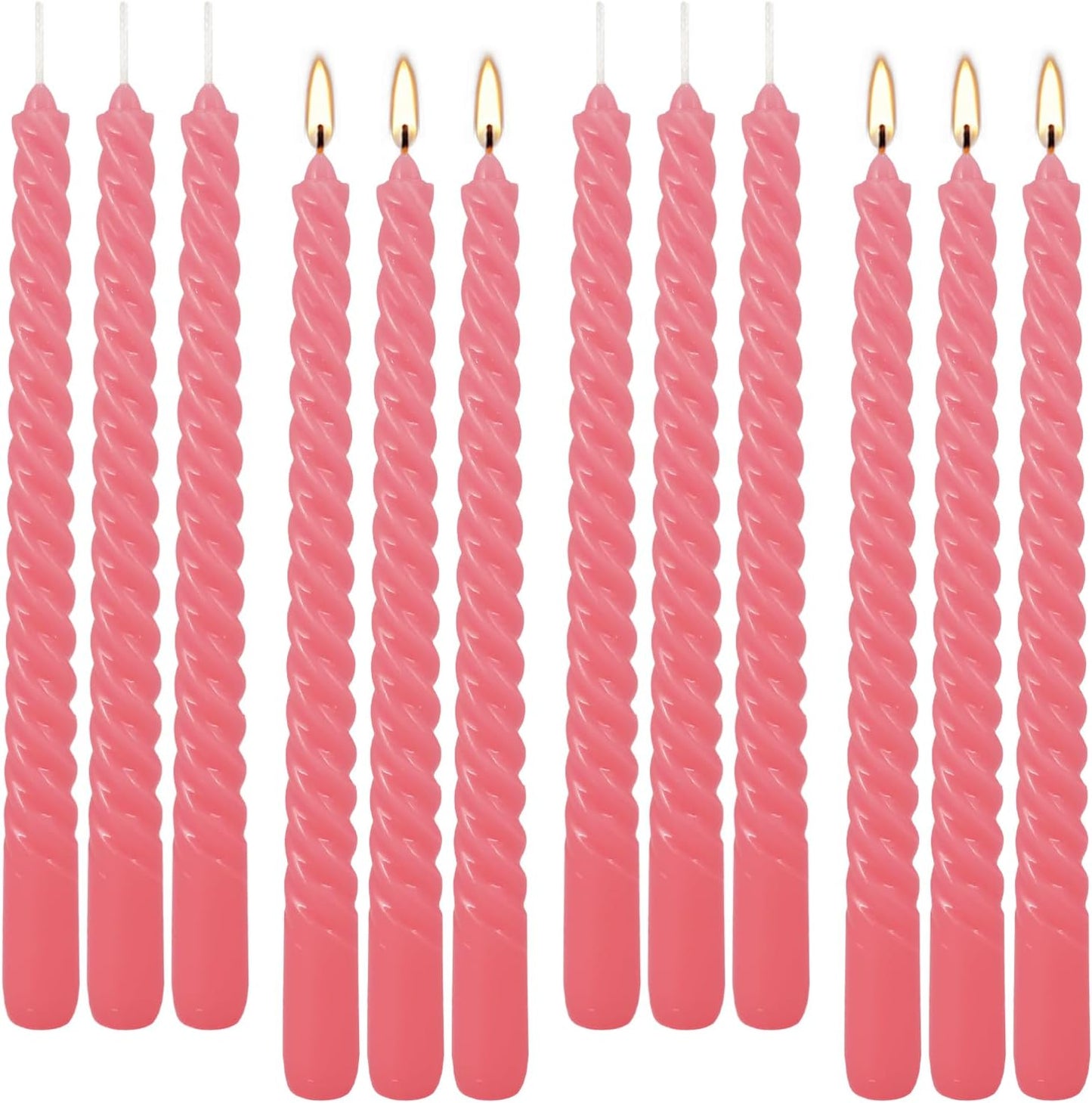 12-Pack Pink Spiral Taper Candles – 10 Inch Elegant Dripless & 10-Hour Burn – Long-Lasting Decorative Candles for Weddings, Birthdays, Parties, Church, Home Decor & Romantic Dinners