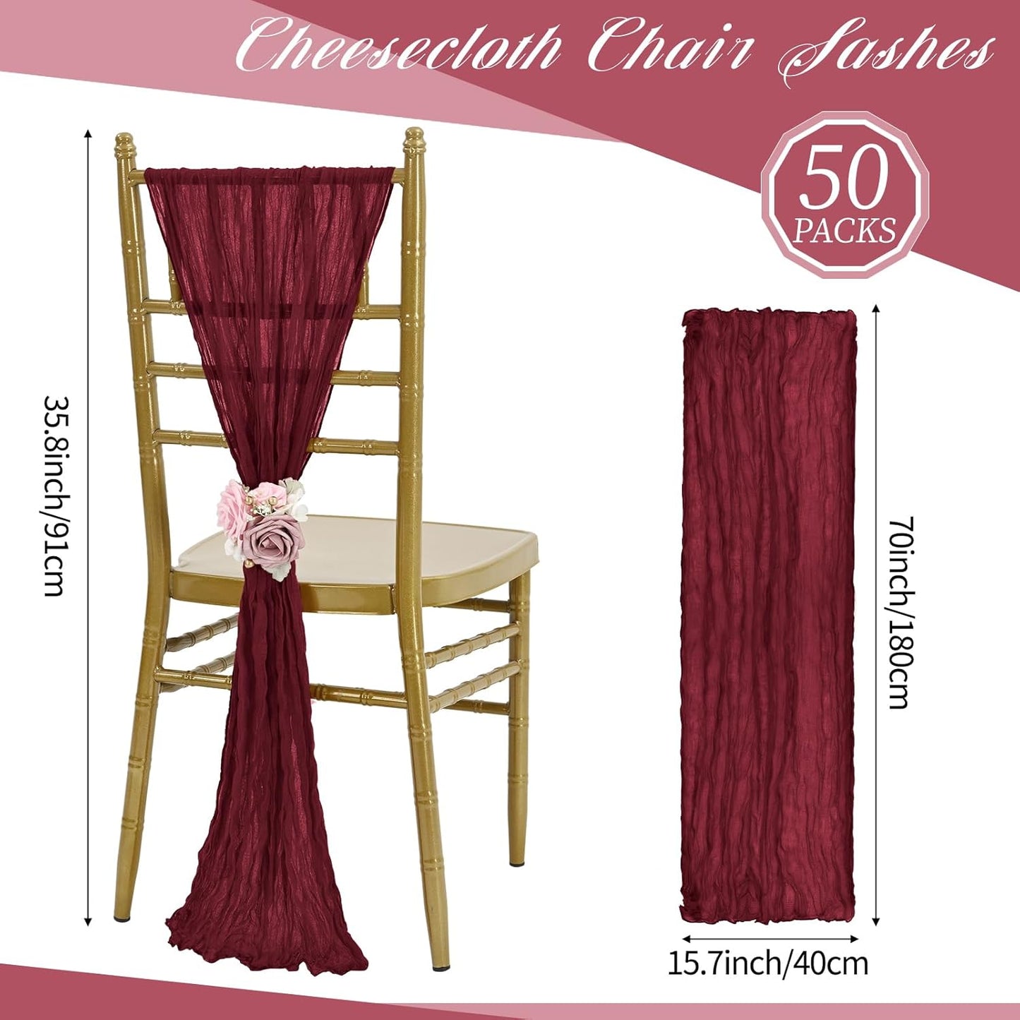 50 PCS Cheesecloth Chair Sashes, Bows Designed ChairSashes, 15.7x70 inch Chair Sashes for Aisle Decorations Universal Chairs Cover Decoration for Wedding Reception Party Banquet (Burgundy)
