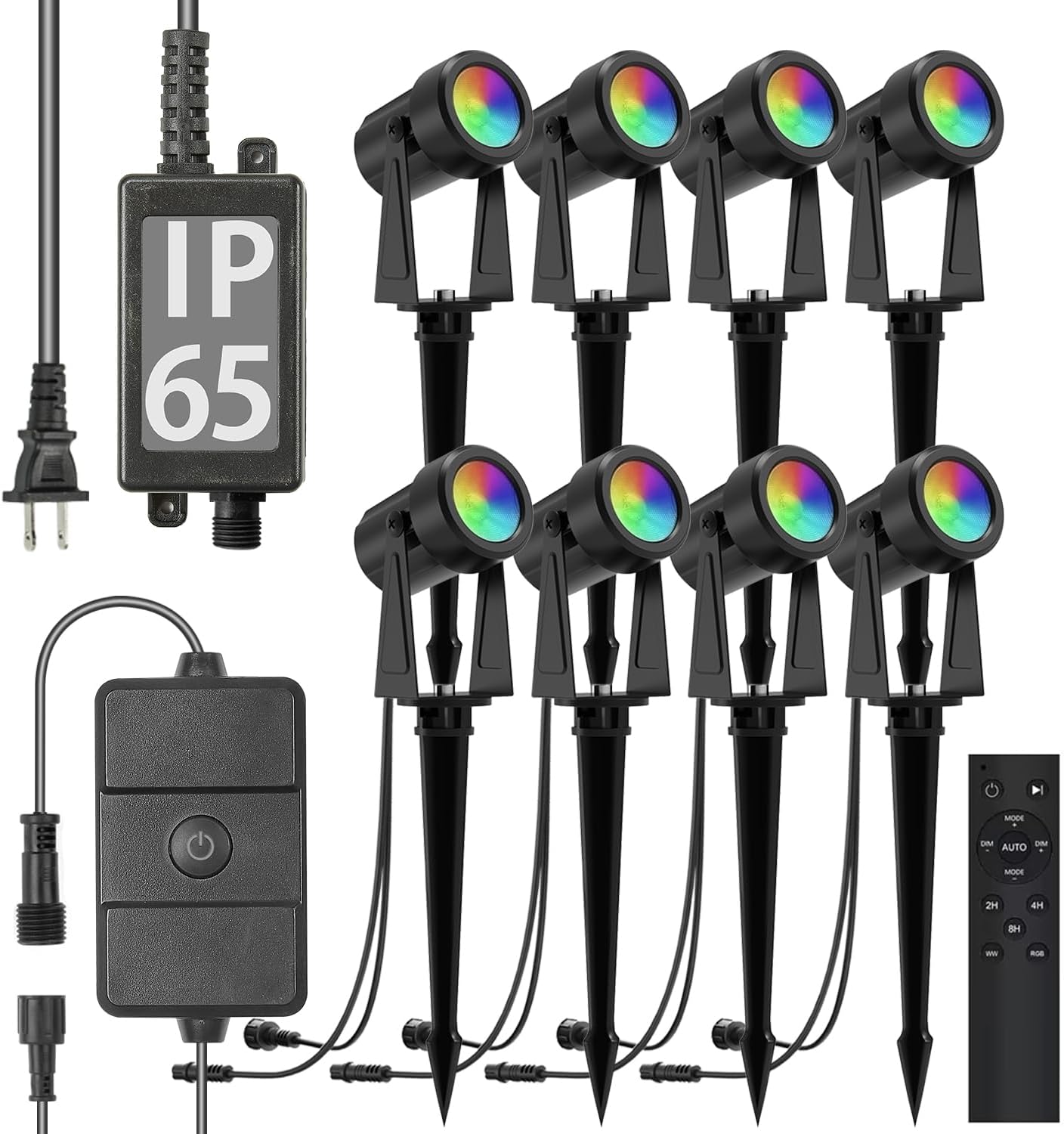SUNTHIN Outdoor Landscape Lighting with Remote, RGBW Color Changing Spot Uplights, 8 Pack