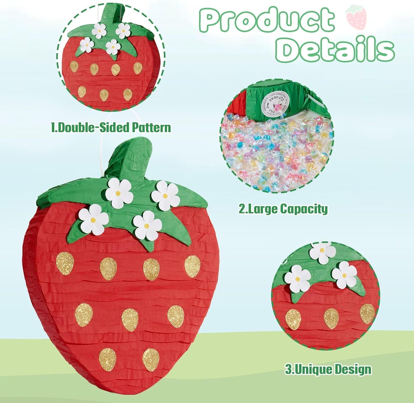 Wernnsai Red Strawberry Piñata For Kids - Strawberry Baby Shower Pinata Strawberry Birthday Party Decorations Summer Fruit Themed Party Game Supplies With Bat Blindfold 16.5" × 11.6" ×3"