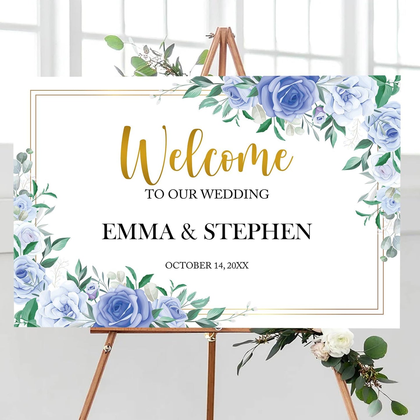 Dusty Blue and Gold Wedding Welcome Sign Template, Printable Landscape Welcome Sign with Blue White Flowers, Elegant Floral Wedding Reception Decor