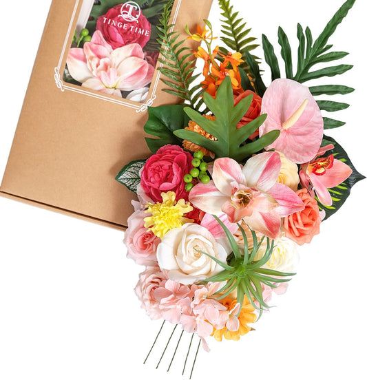 TINGE TIME Artificial Flowers Combo, Fake Flowers Box for DIY Wedding Bouquets Table Centerpieces Floral Arrangements Party Baby Shower Home Summer Decorations (Tropical Citrus & Pink)