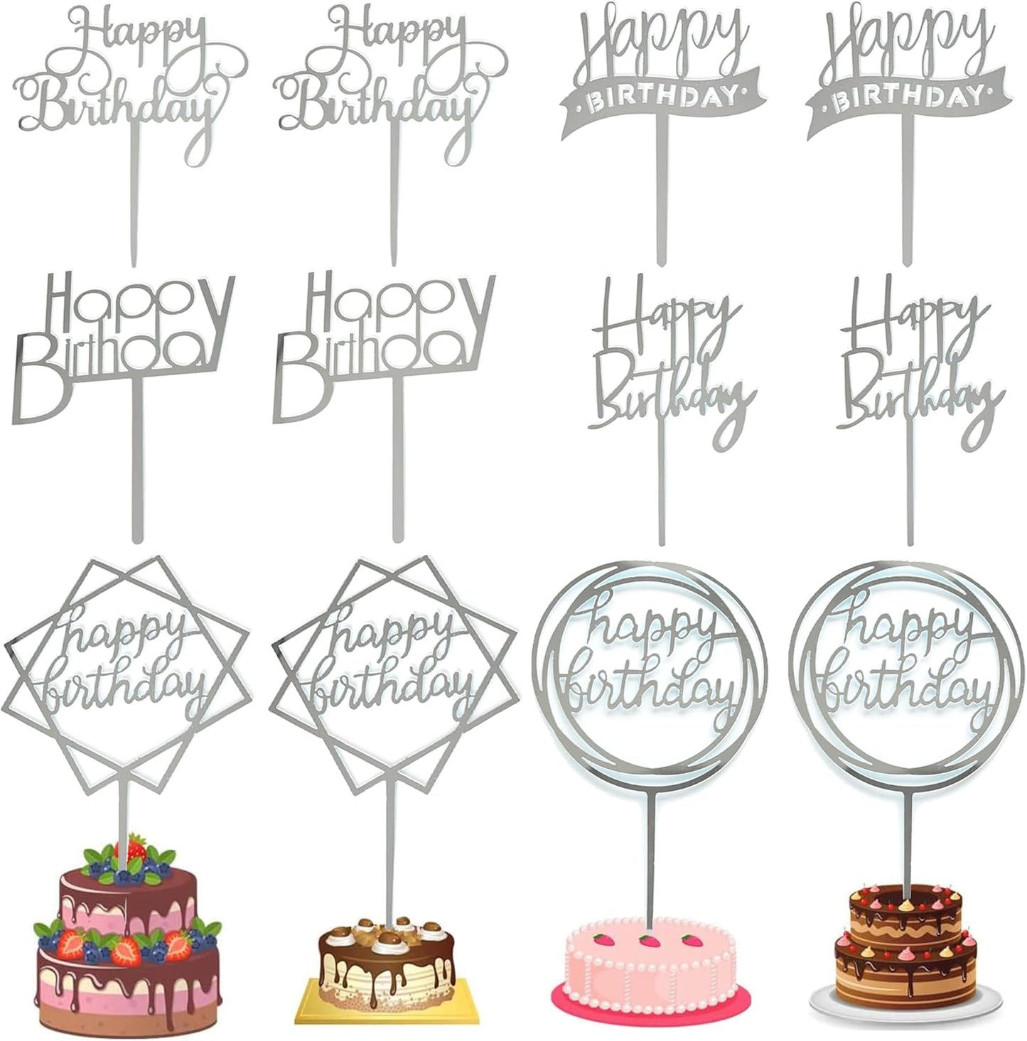 12 Pack Multi Styles Birthday Cake Topper Set, Acrylic Cake Bunting Decor Birthday Cake Picks Party Decorations Supplies(Silver)
