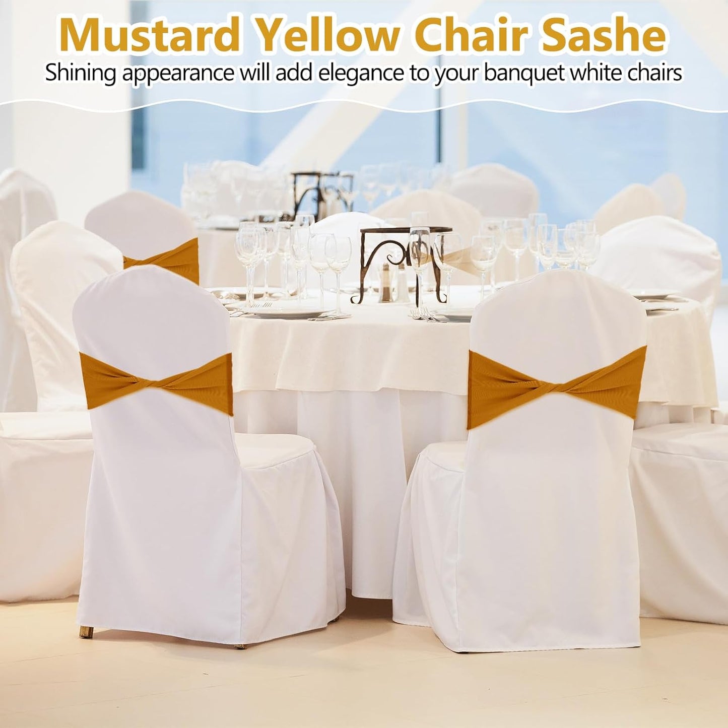 Kinlop 50 Pcs Spandex Chair Sashes Bows Chair BB0C3V65Z6Tands Slider Sashes for Covers Elastic Bands Ties Without Buckle Decorations for Wedding Party Events Ceremony Birthday(Mustard Yellow)