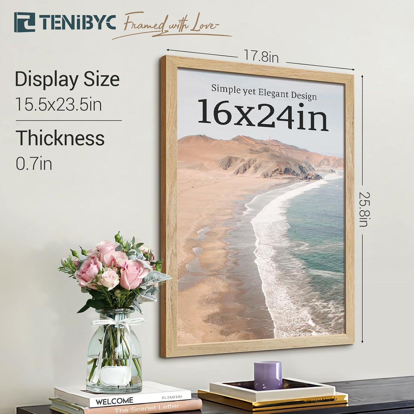 16x24 Poster Frame Set - 4 Pack, Natural Solid Wood Picture Frame, Elegant Wood Grain, Wall Gallery Photo Frame