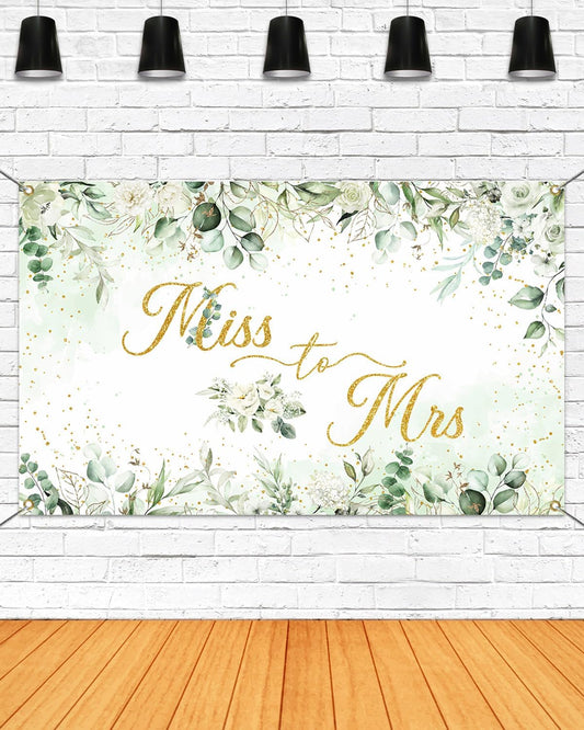 Mocsicka Miss to Mrs Banner Greenery Leave Gold Dots Bridal Shower Party Decorations Banner for Wedding Engagement Bachelorette Party Backdrop for Photography Photo Booth props (Green, 70.8x43.3 inch)