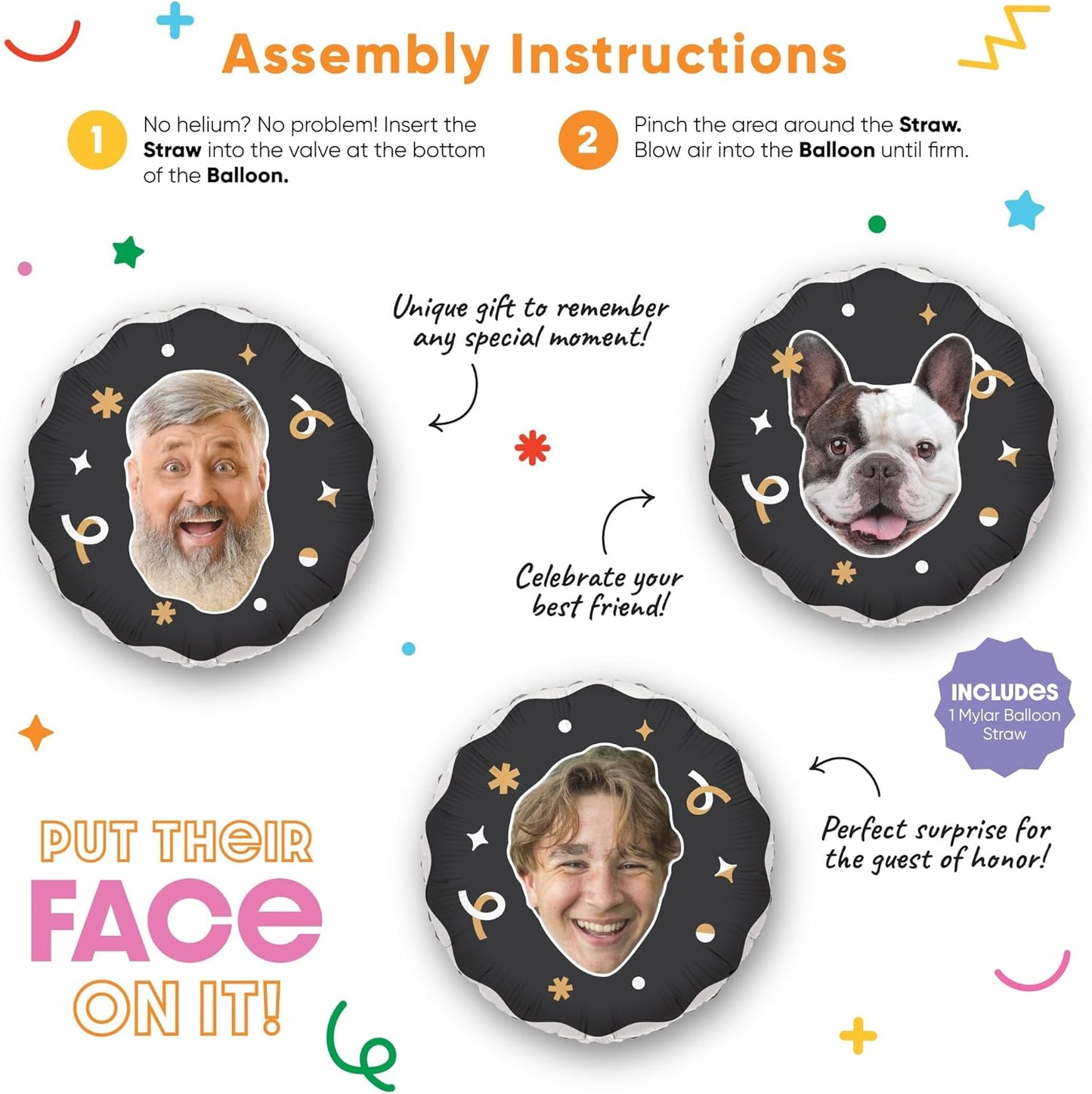 Big Dot of Happiness Personalized Fun Face Photo Black & Gold Balloons, Custom Birthday Balloons, Anniversary Decorations, Bachelorette Party Decor, Circle Double-Sided Mylar Balloon, 1 Piece