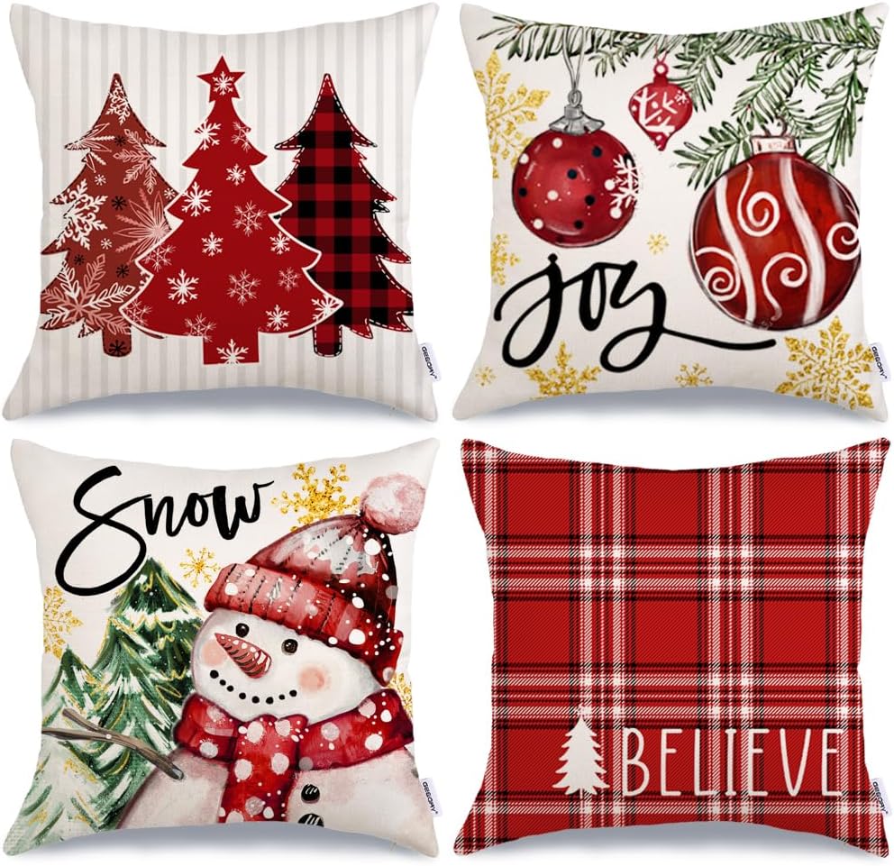 GEEORY Winter Christmas Throw Pillow Covers 18 x 18 Inch Set of 4, Xmas Trees Snowflake Snowman Joy Holiday Farmhouse Decorative Cushion Cases for Home Decoration G583-18