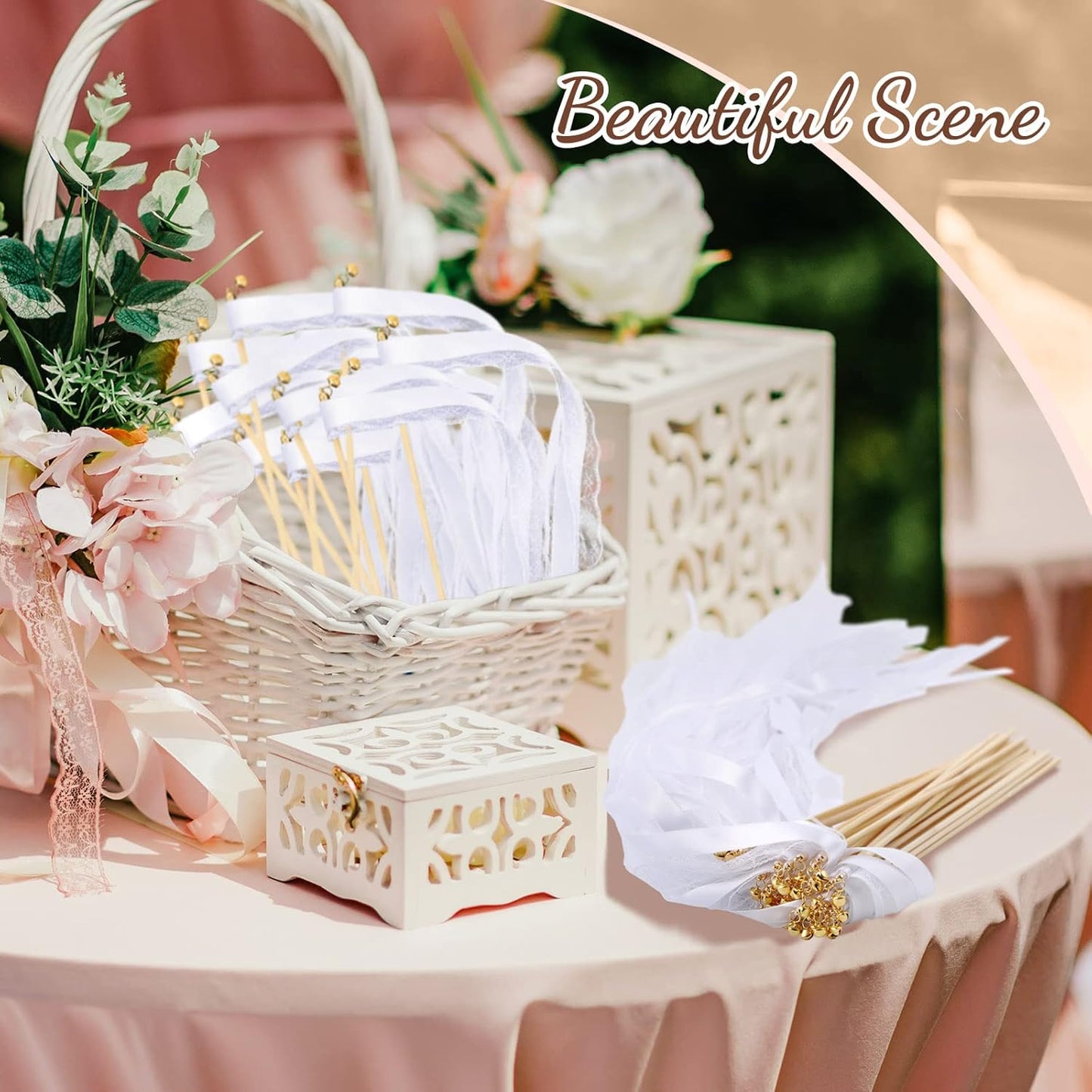 Taiyin 150 Pcs Lace Ribbon Stick Wands Wedding Wand Streamers with Bell Silk Ribbon Fairy Wand Wedding Send Off Streamer for Baby Shower Holiday Party Favors(White)