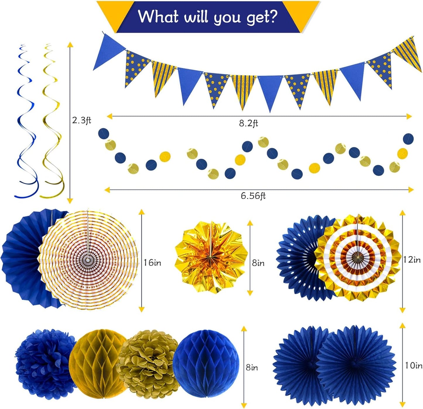 Blue Gold Party Decorations Paper Fans, Graduation Season Hanging Glitter Triangle Flags Banner Hanging Paper Fan Happy Birthday Banners and Triangular Flag, Bridal Shower,Blue Themed Birthday