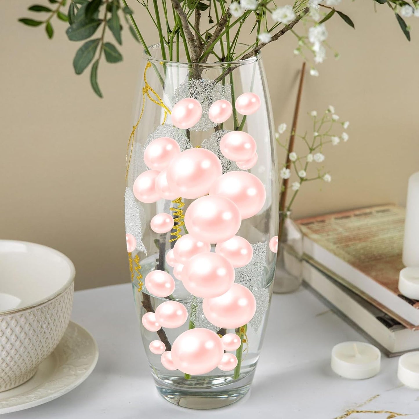 100PCS Light Pink Faux Pearls Beads for Centerpiece Vases, Vase Filler Faux Pearls, No Holes Filler Beads for Easter Party Anniversary Birthday Wedding Table Decor, 14/20/30mm