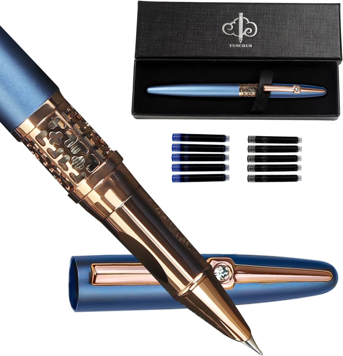 YUNCHUN Refillable Fountain Pen Fine Nib, Fancy Ink Pen with 5 Black & 5 Blue Ink Refills Cartridges, Cool Ink Pens for Writing, Business Metal, Best Gift Set for Men & Women, Blue