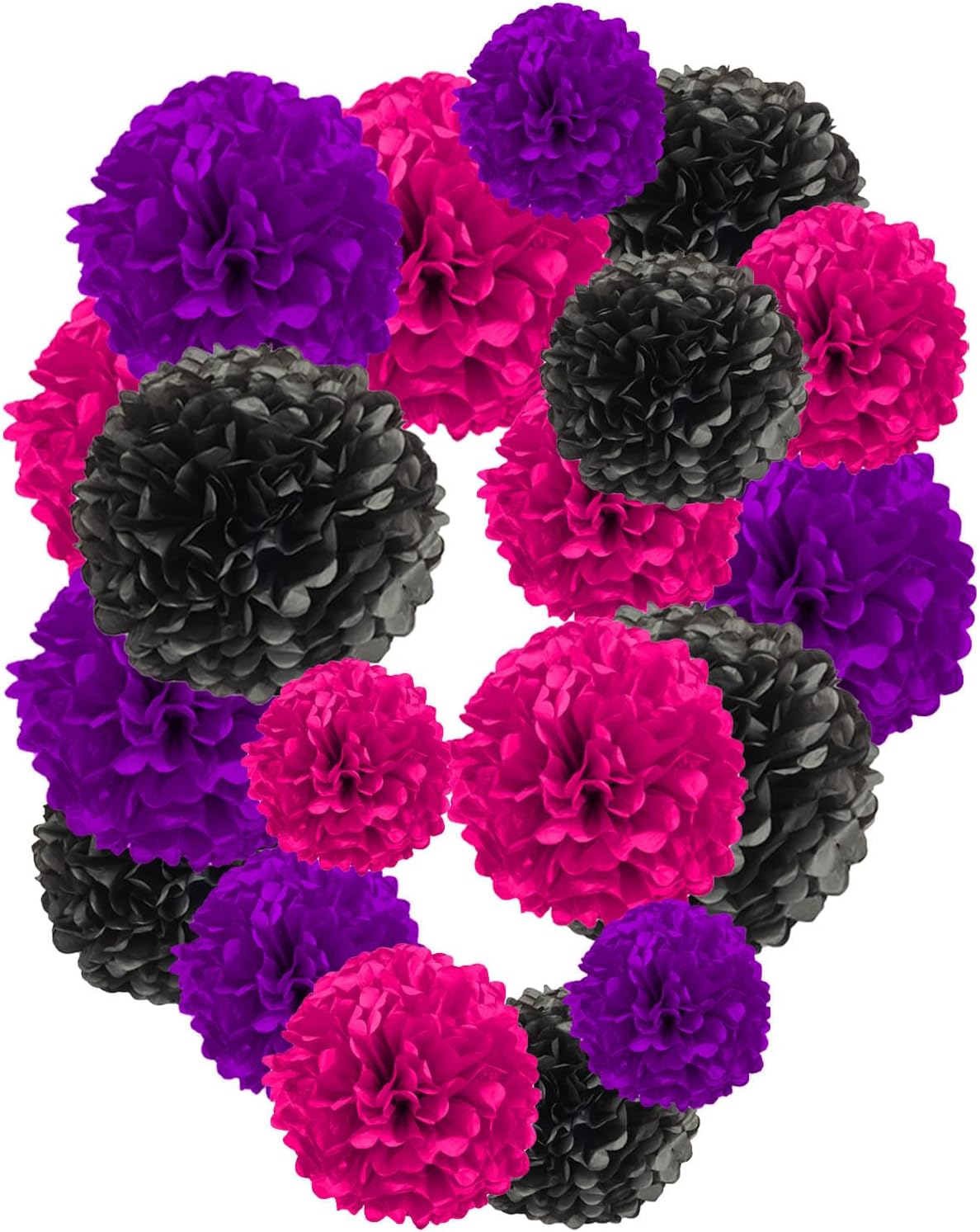 Rose Red Pink and Purple and Black Paper Pom Poms,10",12" Tissue Pom Poms for Party Hanging Decorations - 12 PCS
