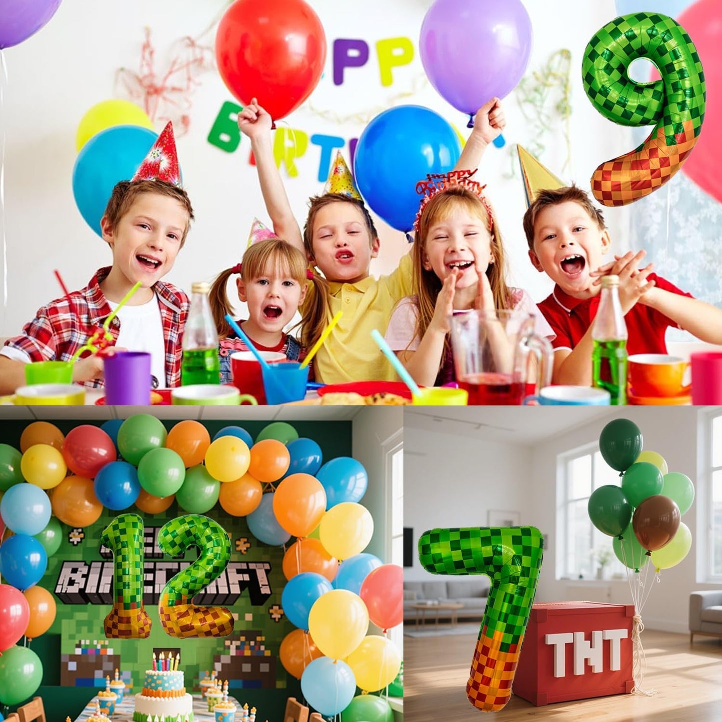 Pixel & TNT Theme 40in Giant Number Balloons - Foil Mylar Birthday Party Decorations for Kids Adults Cumpleaños, Block Style Pixel Art Shape Balloon Decor Supplies (Pixel, Number 7)