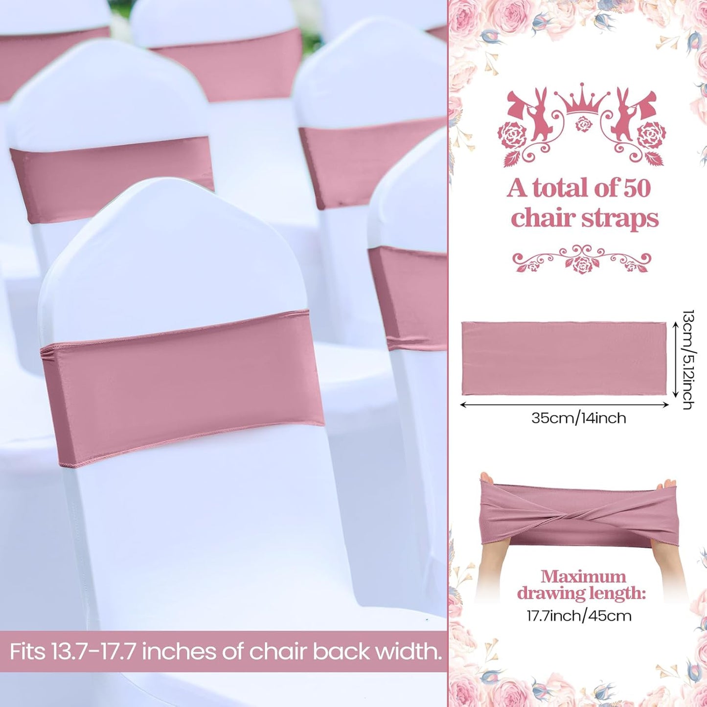 Kinlop 50 Pcs Spandex Chair Sashes Bows Chair Bands Slider Sashes for Covers Elastic Bands Ties Without Buckle Decorations for Wedding Party Events Ceremony Birthday(Dusty Pink)