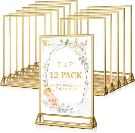 EHWINE 12 Pack Acrylic Sign Holder 5 x 7, Double Sided Gold Picture Frame Stand up Table Top Sign Holders, Clear Display Stand Menu Flyer Holder for Wedding Party (Provide Non-slip Mats)
