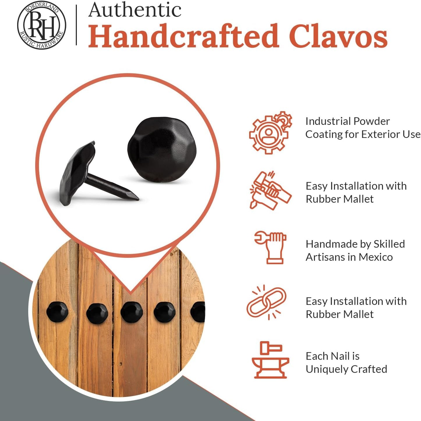 10 Pack 0.75" Round Head Iron Clavos Decorative Nails – Black – Handmade Rustic Round Fasteners for Farmhouse Shutters, Faux Wood Beams, Barn Doors, Shutters, Gates – Ornamental Wood Accent