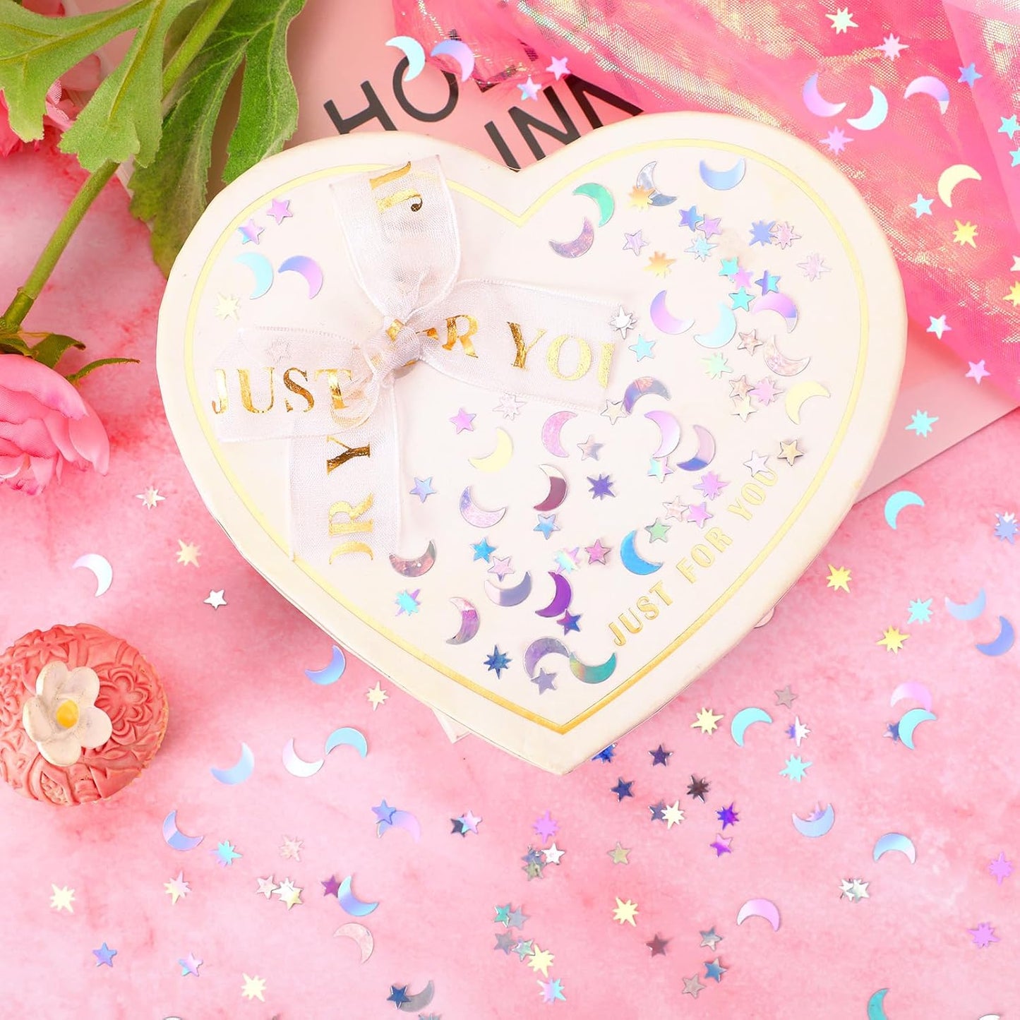 MARFOREVER Holographic Star Moon Confetti, Glitter Birthday Star Scatter Table Confetti Iridescent Sequins Sprinkles Metallic Foil Moon Stars for DIY Wedding Festival Party Decorations(10 mm, Silver)