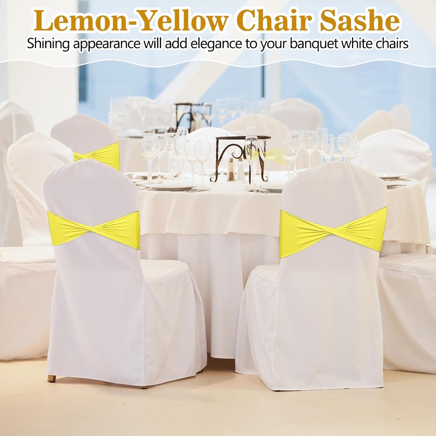 Kinlop 50 Pcs Spandex Chair Sashes Bows Chair Bands Slider Sashes for Covers Elastic Bands Ties Without Buckle Decorations for Wedding Party Events Ceremony Birthday(Yellow)