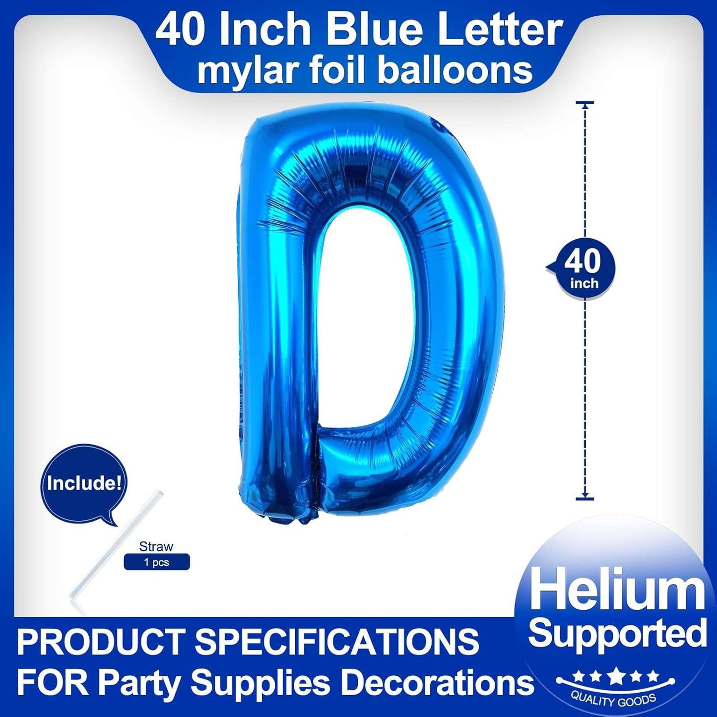 40 Inch Blue Letter D Balloons, DIY Phrase Foil Alphabet Letter D Balloons DIY Word D Banner for Birthday Anniversary Celebration Graduation Party Supplies Decoration