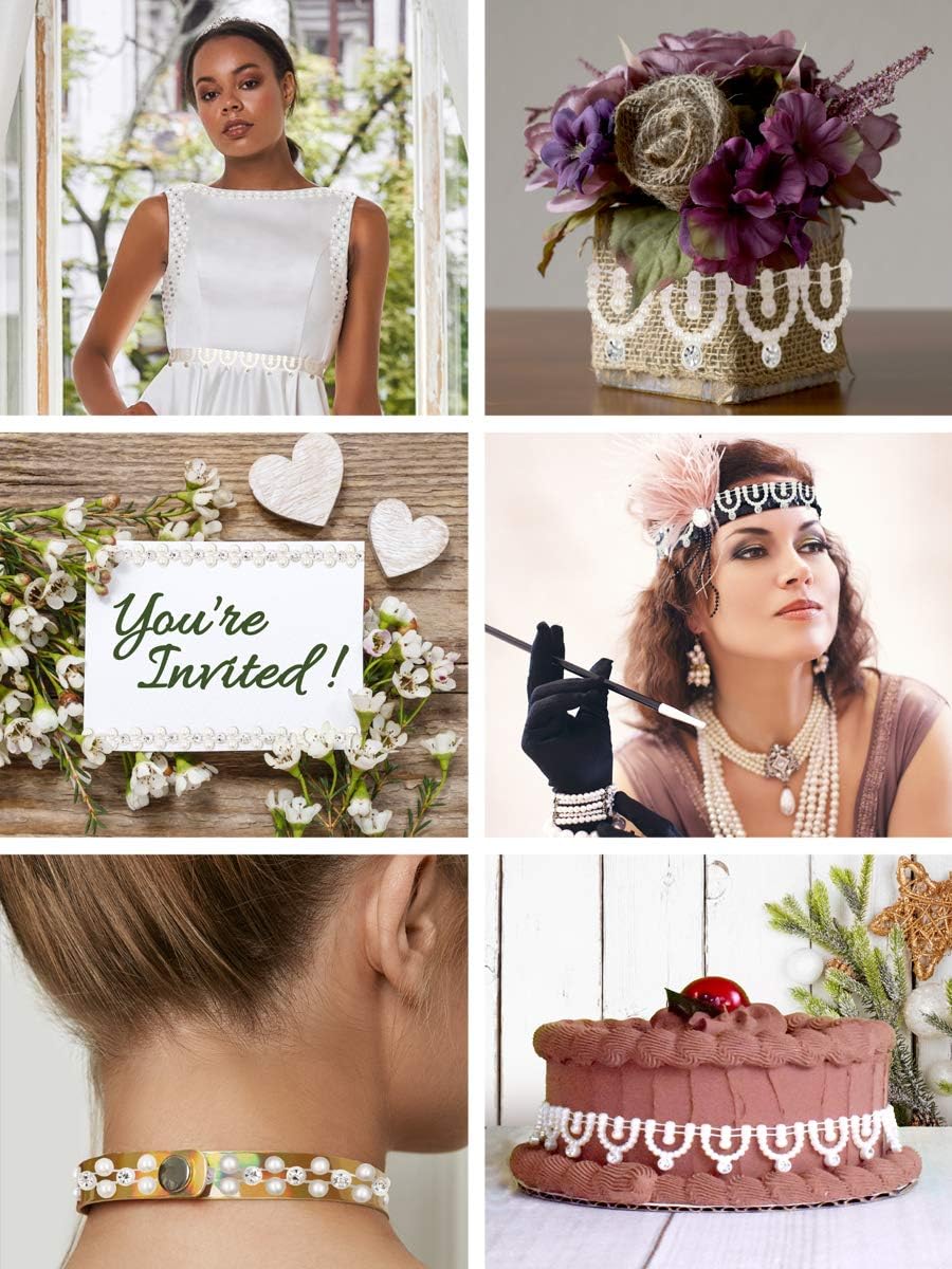 Mandala Crafts 0.5 Inch Crystal Faux White Pearl Beads Roll - 10 Yards Strand of Rhinestones Fake Pearls Chain Garlands Spool String for Christmas Tree, Wedding, Party, Vases, DIY Decoration