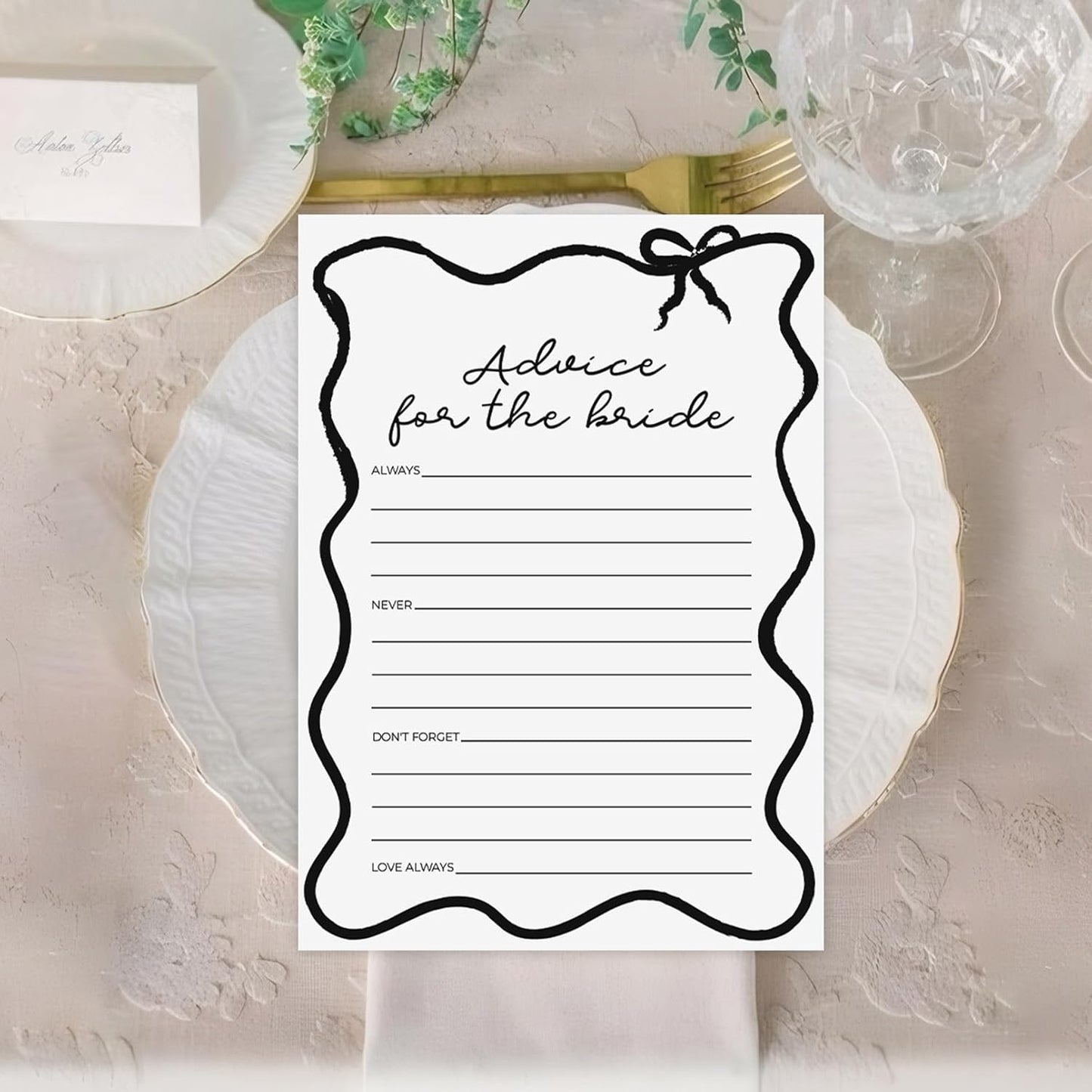 DEEKA 30 PCS Bridal Shower Games Card for 30 Guests Black Wavy Border Ribbon Bow Funny Wedding Bachelorette Party Games for Reception (Advice for The Bride)