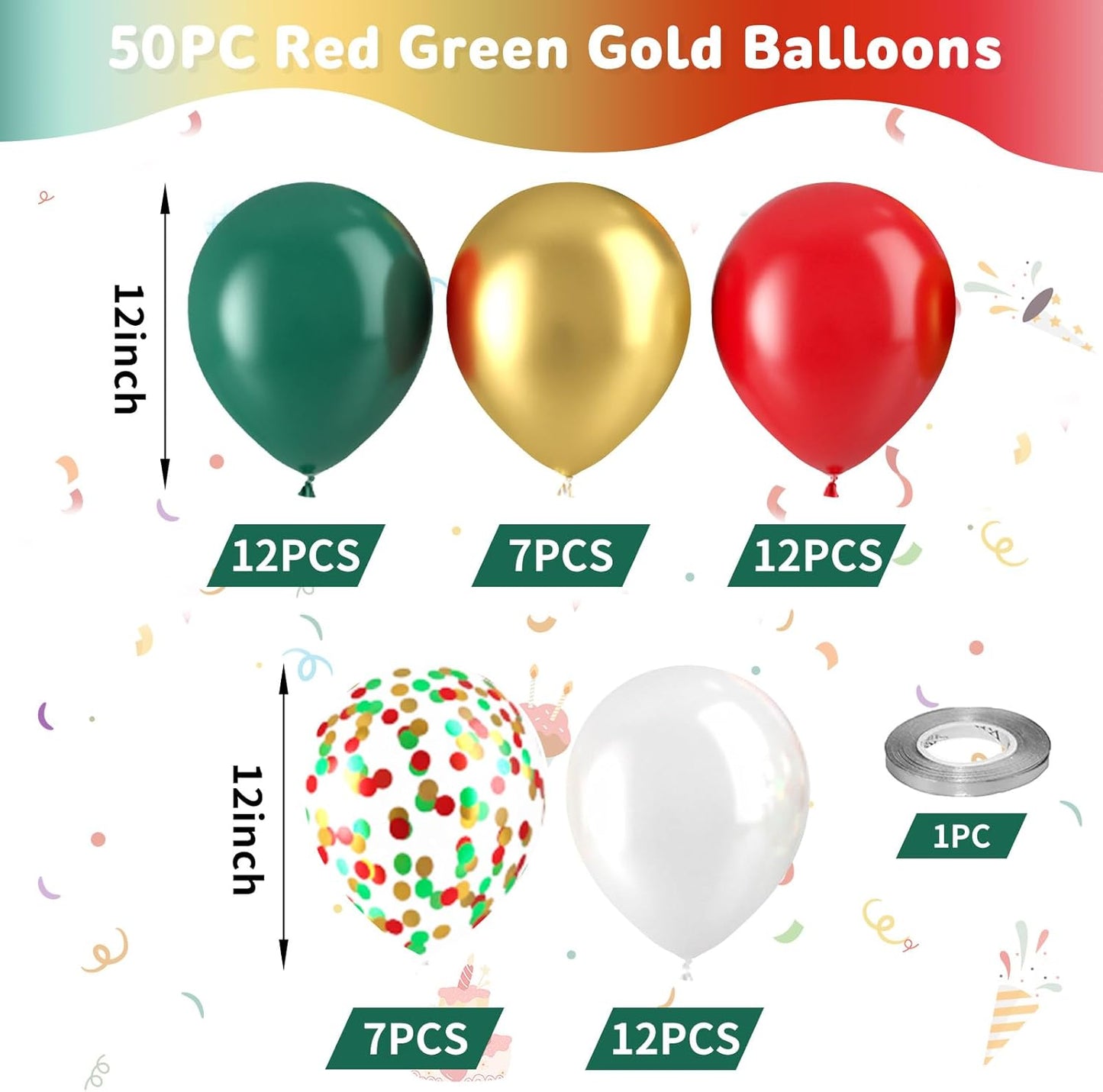 Red Green Gold Balloons, Vintage Dark Green Pearl White Confetti Balloons for Birthday, Baby Shower, Christmas Theme Party, Wedding, Graduation Decorations