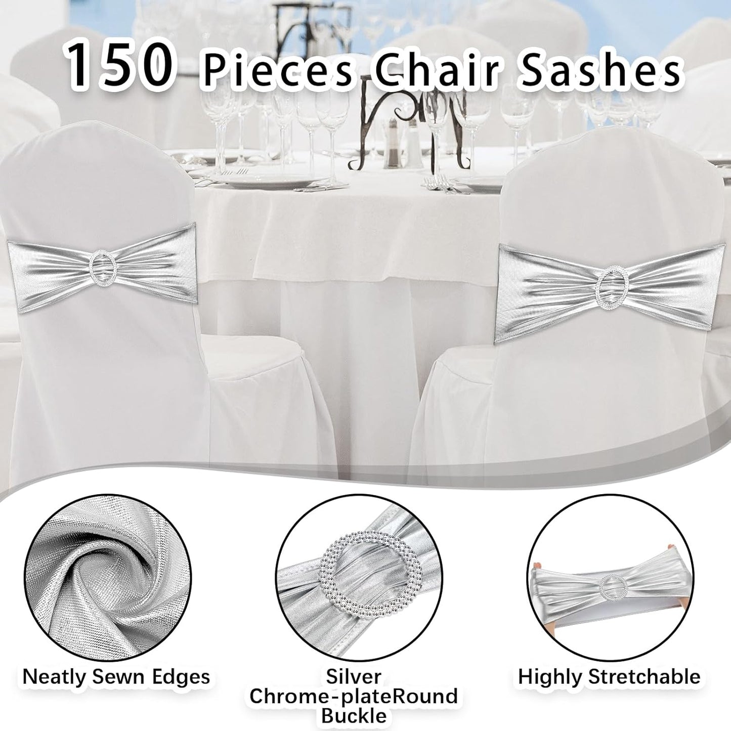 CHENGU 150 Pieces Spandex Stretch Chair Sashes Bows Elastic Chair Cover Bands Ties with Buckle Slider for Wedding Party Reception Events Universal Ceremony Banquet Decorations (Silver)