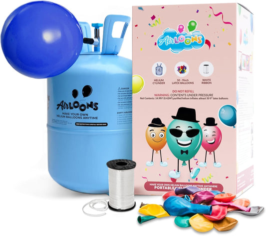 Airloons Helium Balloon Kit with 14.9 Cu Ft Tank – Includes 50 Multicolor 9 inch Latex Balloons, Ribbon & Easy to Fill Nozzle – Easy Setup for Birthdays, Weddings, Baby Showers