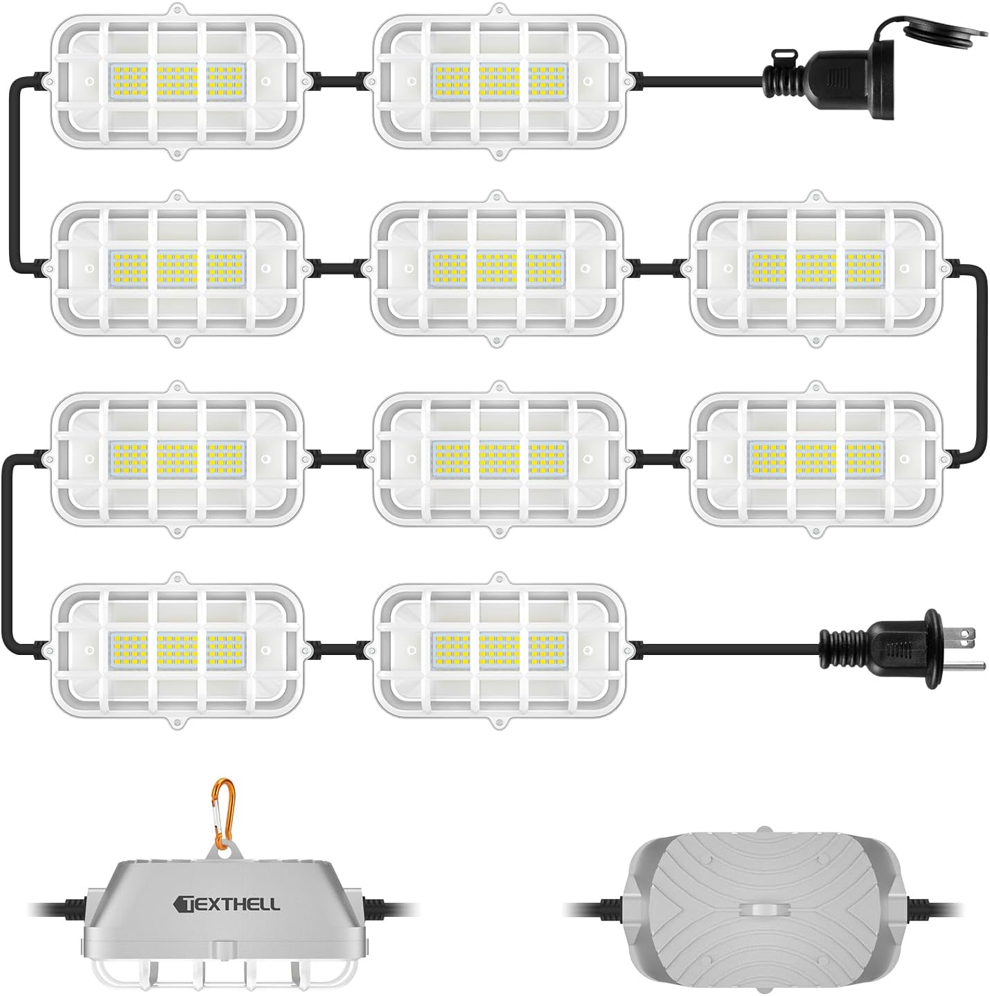 100ft LED Construction String Lights 300W Super Bright 30000LM Work Lights String Connectable Design for Workplace, Warehouse, Garage, RV, Indoor and Outdoor Weatherproof Temporary Lighting