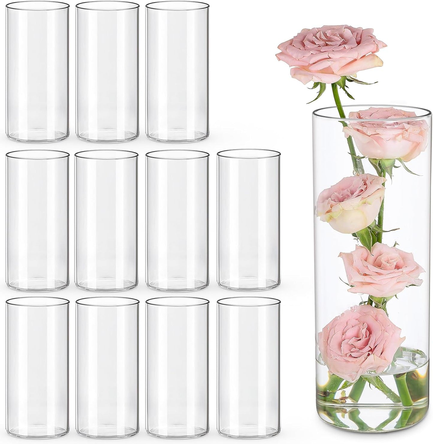 12pcs Glass Cylinder Vases for Centerpieces | 8 Inch Clear Flower Vase for Wedding Decorations, Floating Candle vases for Dinner Table, Bridal Shower, Office Home Décor