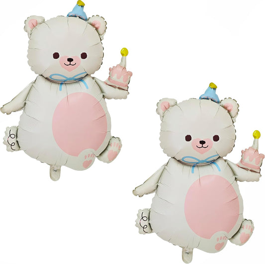 2PCS Matte bear Animal balloon With hat Big Brown bear balloon Holding birthday candle cake bear Foil Balloon for Kids Jungle Safari Zoo Farm Birthday Theme Party Baby Shower Decoration Cream white