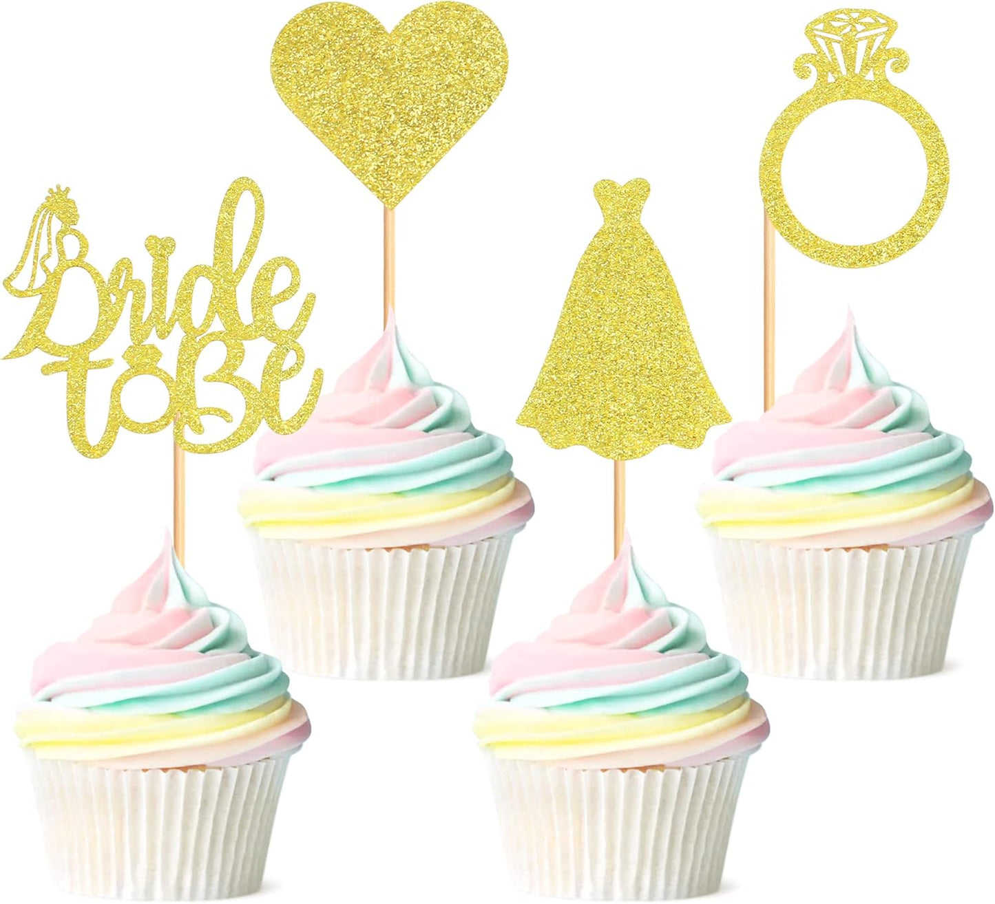 Pack of 24 Bride to Be Cupcake Toppers with Heart Ring Dress Bridal Shower Cupcake Picks Wedding Engagement Bachelorette Party Cake Decorations Supplies - Gold Glitter