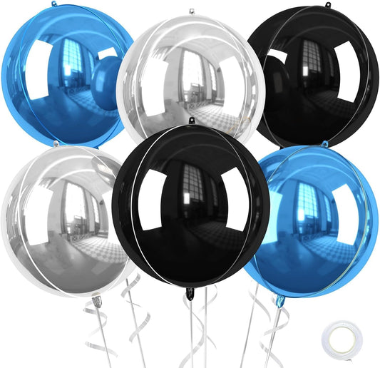 Blue and Silver Giant Foil Balloons, 6 Pcs Large Metallic Blue Silver Black Round Balloons, 22 Inch Big Round Foil Balloon for Birthday Party Baby Shower Graduation Decorations