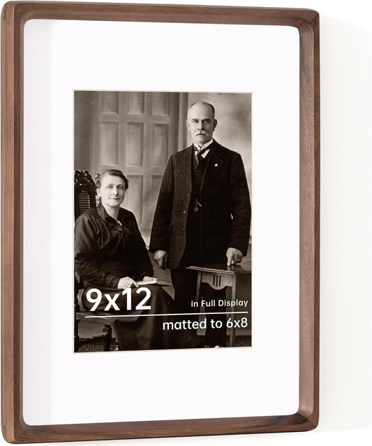 9x12 Picture Frame USA-Sourced Natural Walnut Solid Wood Photo Frame Handcrafted Rounded Corner with Mat to 6x8 Picture Display with Real Glass Family Picture, Certificate