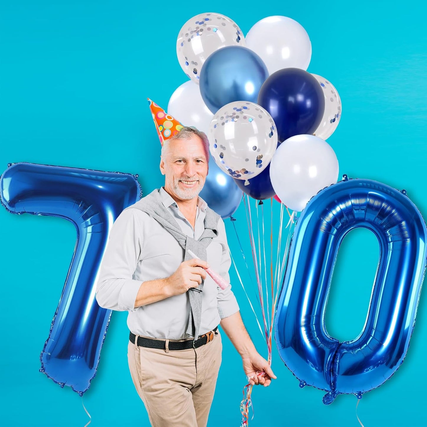 Giant Number Foil Balloon 70, Dark Blue Self Inflating 70th Birthday Balloon for Men, 40'' 70 Balloon Light Navy Blue with Metallic Silver Confetti Balloon for Anniversary Party Decorations Supplies