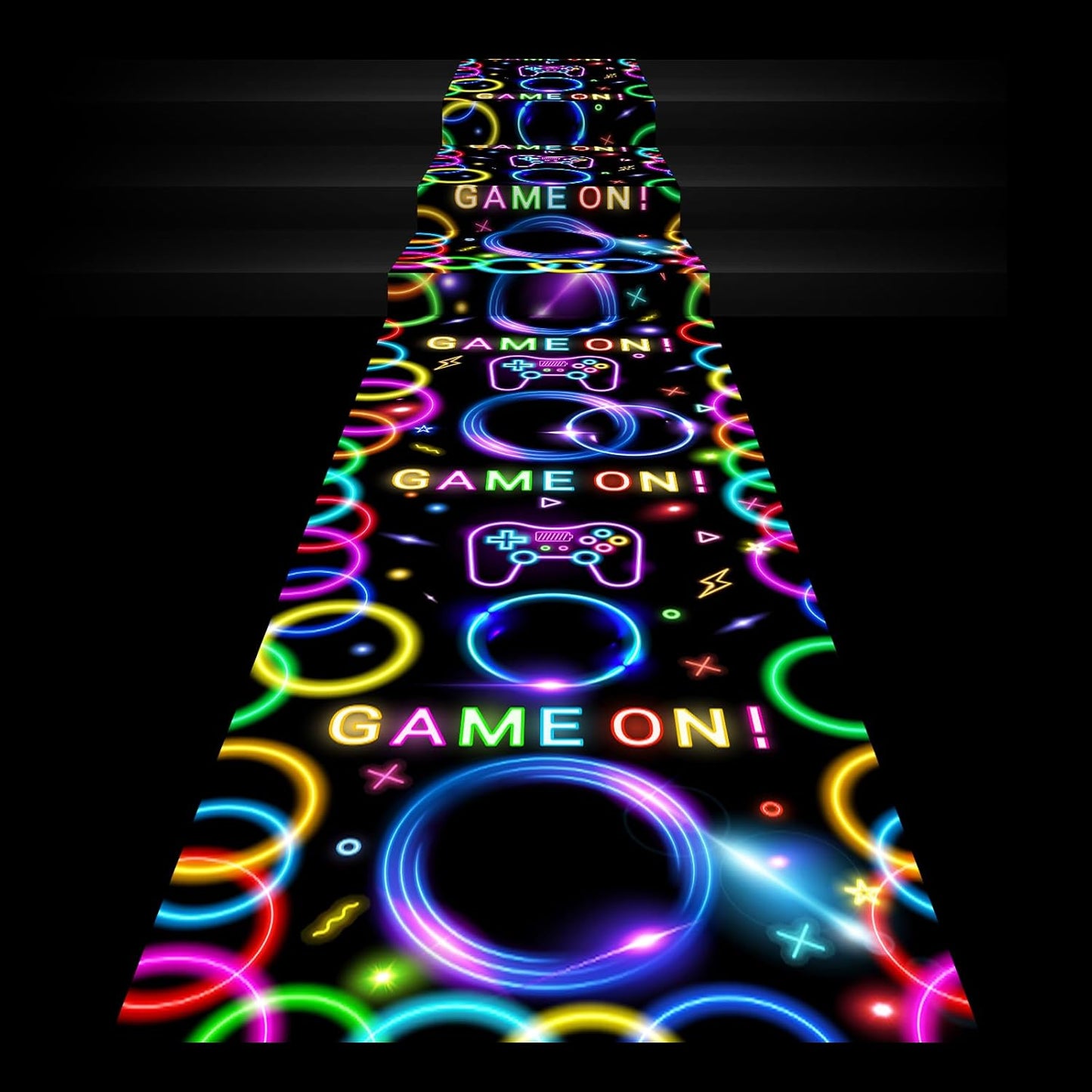 Haull 118 x 39 Inch Neon Light up Dance Floor Glow in The Dark Runner UV Reactive Blacklight Floor Aisle Runner Decor Wall Props for 80s 90s Neon Birthday Party Decorations(Game on)