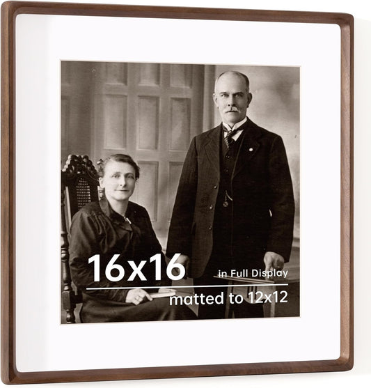 16x16 Picture Frame USA-Sourced Natural Walnut Wood Solid Original Wood Photo Frame Rounded Corner with Mat to 12x12 Picture Display with Real Glass Family, Wedding Picture, Photo, Certificate