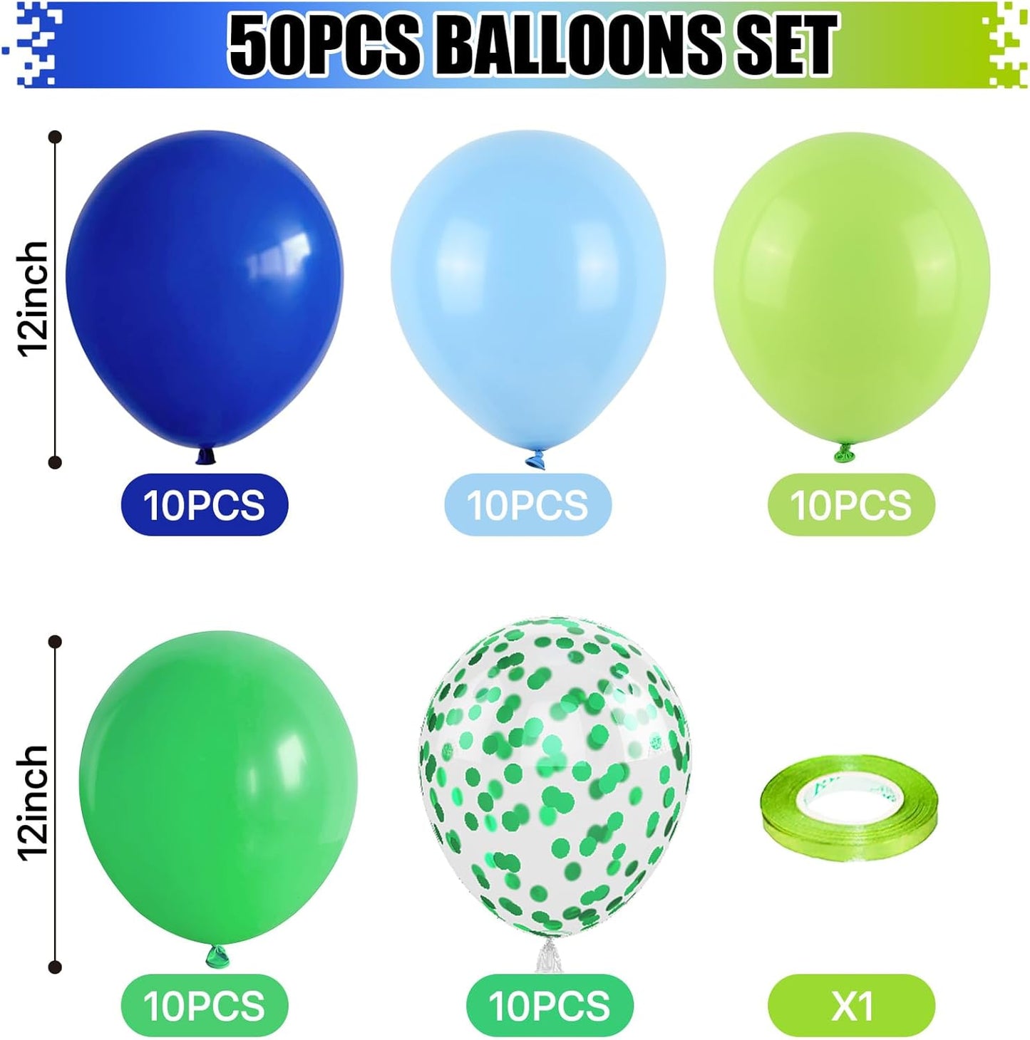 Blue Green Balloons 12 Inch Royal Blue Fruit Light Green Confetti Balloon with Ribbons for Boys Birthday Party Football Video Game Jungle Safari Themed Decoration