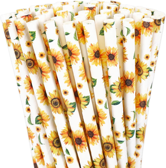 200Pcs Sunflower Paper Straws Watercolor Yellow Floral Disposable Drinking Straws Summer Party Straws for Juice Shake Cocktail Birthday Baby Shower Wedding Party Supplies