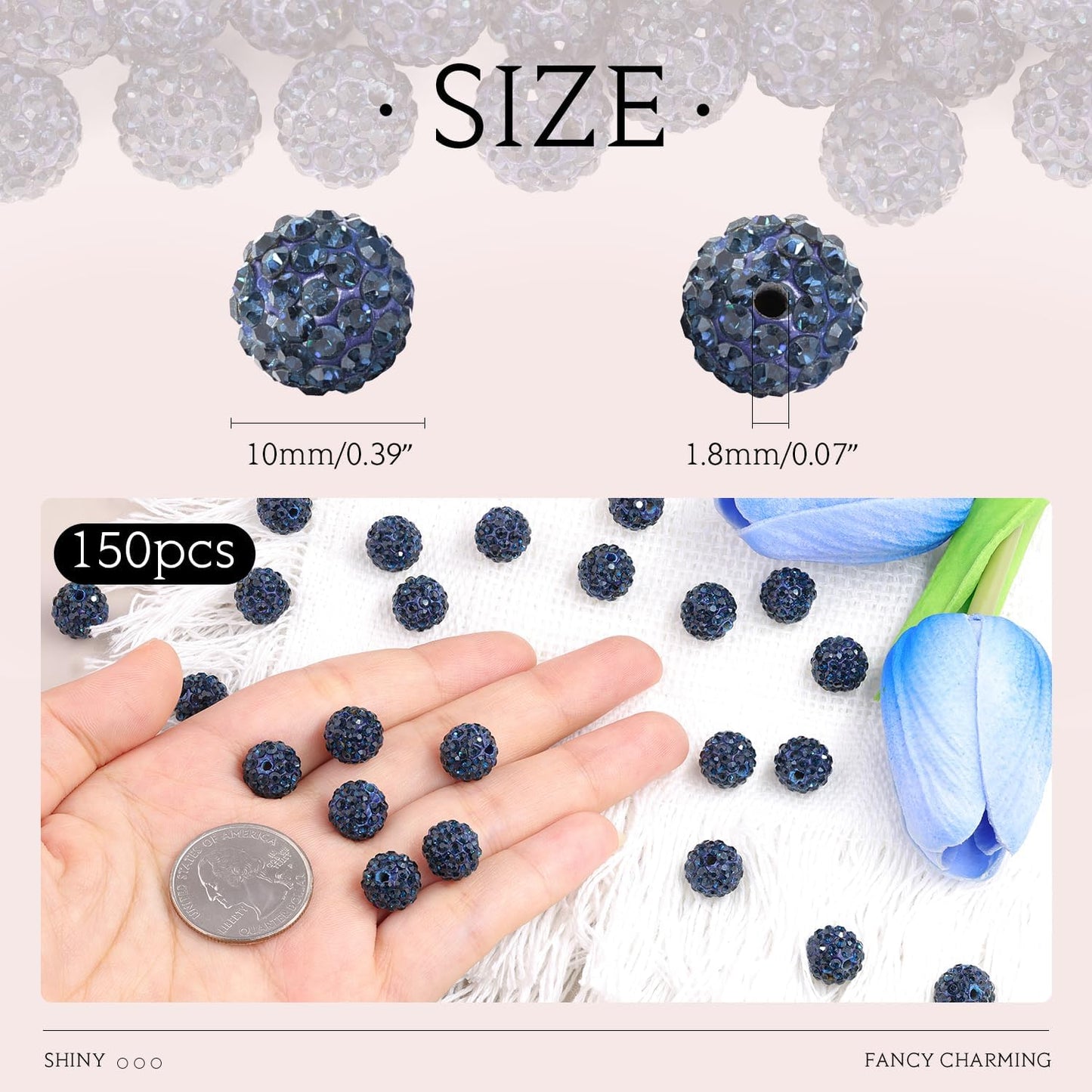 150pcs 10mm Rhinestone Beads for Jewelry Making, Blue Black Shiny Round Shamballa Disco Ball Beads Bulk, Sparkle Crystal Clay Christmas for Bracelet Baseball Necklace Earring Crafting and DIY