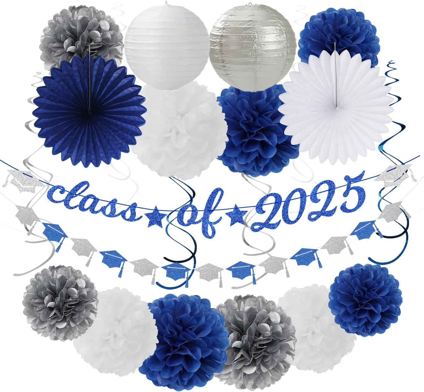 2025 Blue Class-Congratulations Prom Graduation Party-Decorations - 22pcs High School College Grad Supplies Decor,Royal Navy White Silver Tissue Pom Poms Streamers, Paper Flowers Lanterns Hugmoon