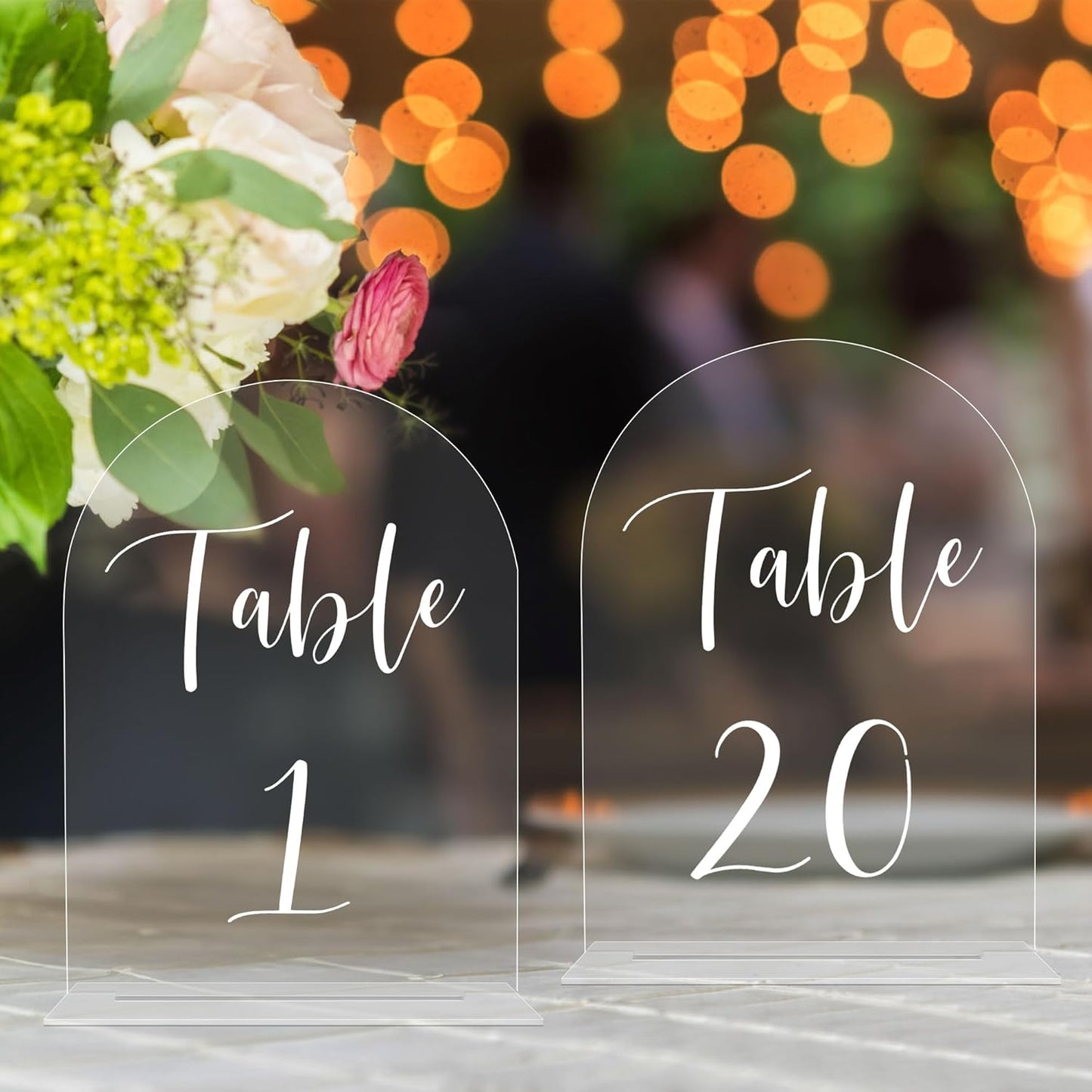 JOYIT Arch Wedding Table Numbers 1-20 with Stands – 5" X 7" Acrylic Table Signs with Clear Background White Text, Perfect Acrylic Table Numbers for Wedding Receptions, Parties, Anniversaries, and Events