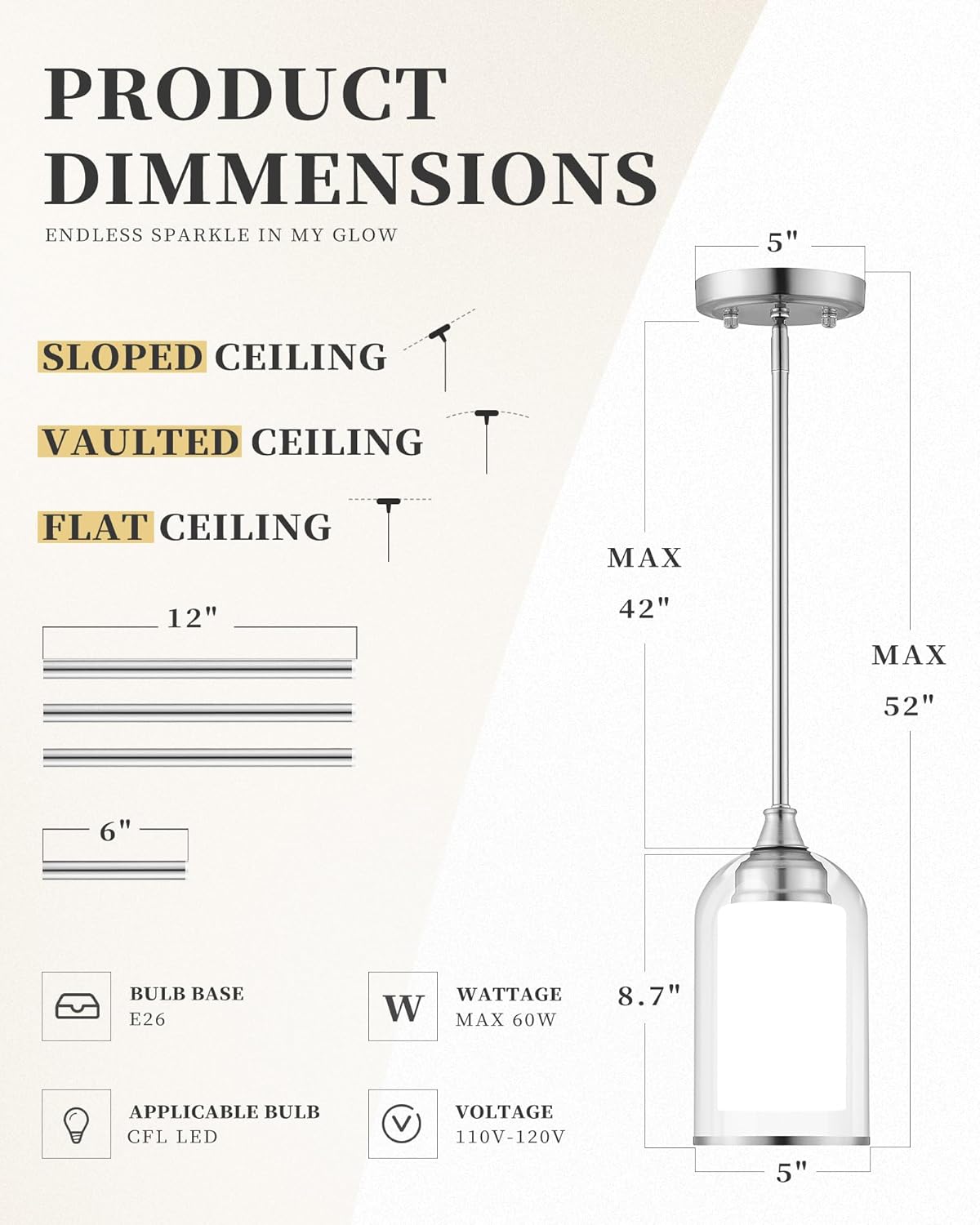 LIROUVET 2 Pack Pendant Light Fixtures, Modern Dual Glass Pendant Lights, Brushed Nickel Hanging Light with Clear and Milk Glass, Pendant Lights Kitchen Island for Dining Room PL02BN-2PK